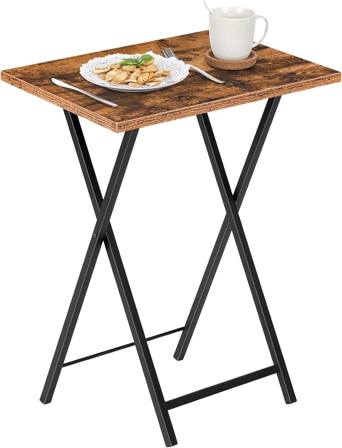Rustic Folding Side Table with Wood Grain Surface|Compact & Portable Design|Heavy-Duty Black Metal Frame|Ideal for Living Room, Bedroom, Balcony, or Outdoor Use