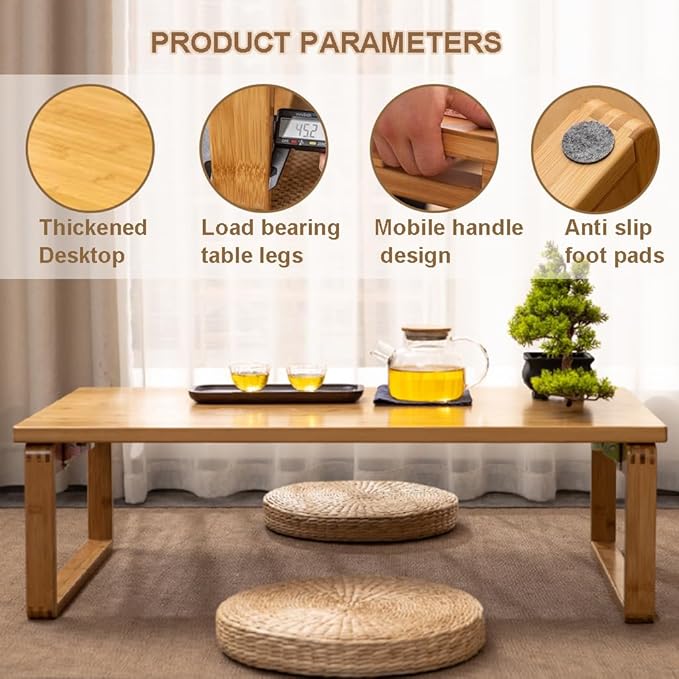 Natural Bamboo Folding Table – Minimalist Multi-Use Coffee Table for Living Room, Floor Seating, or Window Bay