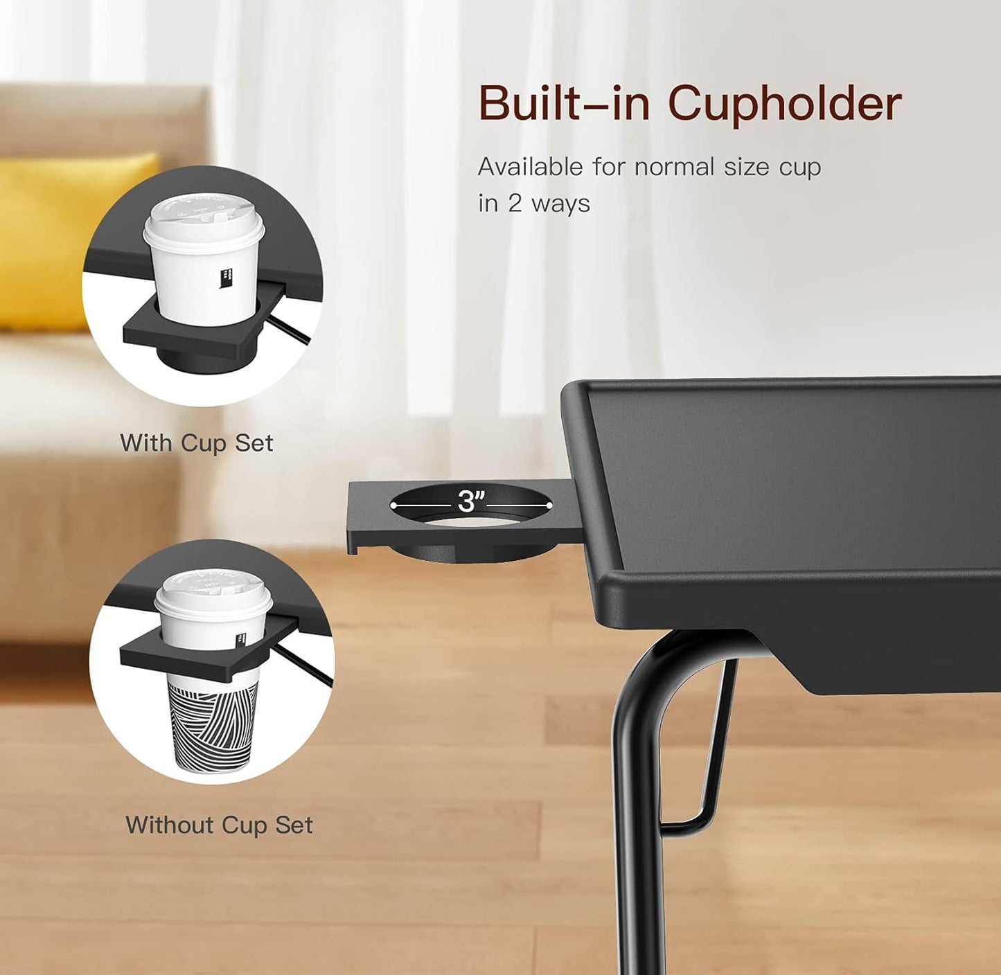 Adjustable Folding Side Table|Sleek Black Surface|Compact Laptop Tray|Portable Sofa/Bedside Table