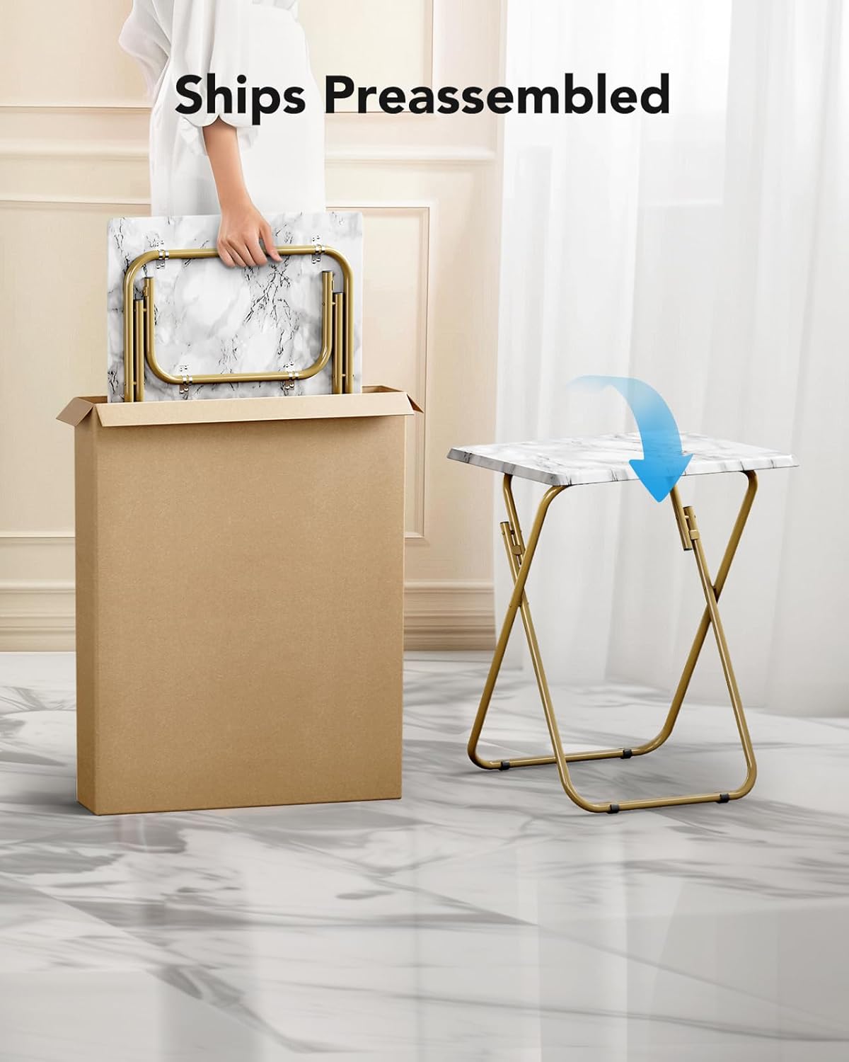 Marble-Pattern Folding Table|Portable Lightweight Side Table with Gold Metal Frame|Compact Multipurpose Foldable Desk