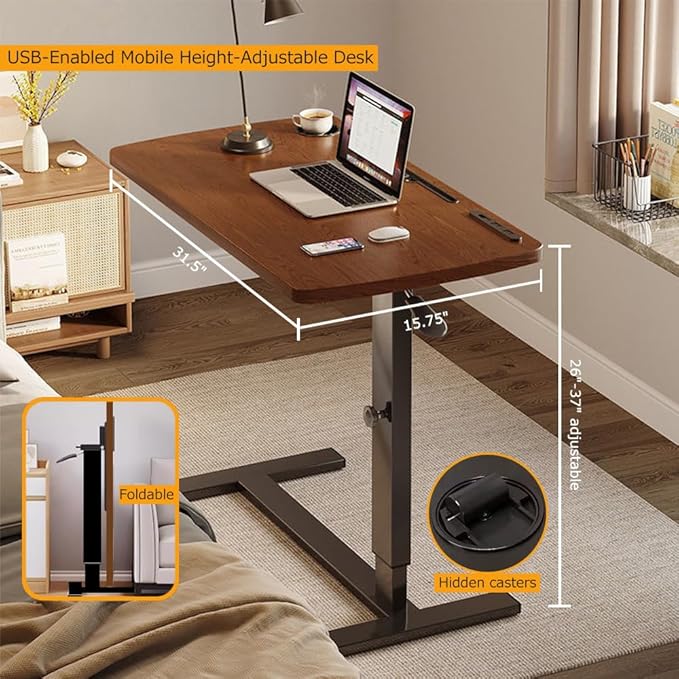 USB-Enabled Adjustable Folding Desk with Hidden Casters | Height Adjustable 26–37 in | Compact Laptop Table for Bedroom & Living Room
