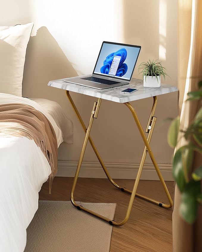 Marble-Pattern Folding Table|Portable Lightweight Side Table with Gold Metal Frame|Compact Multipurpose Foldable Desk