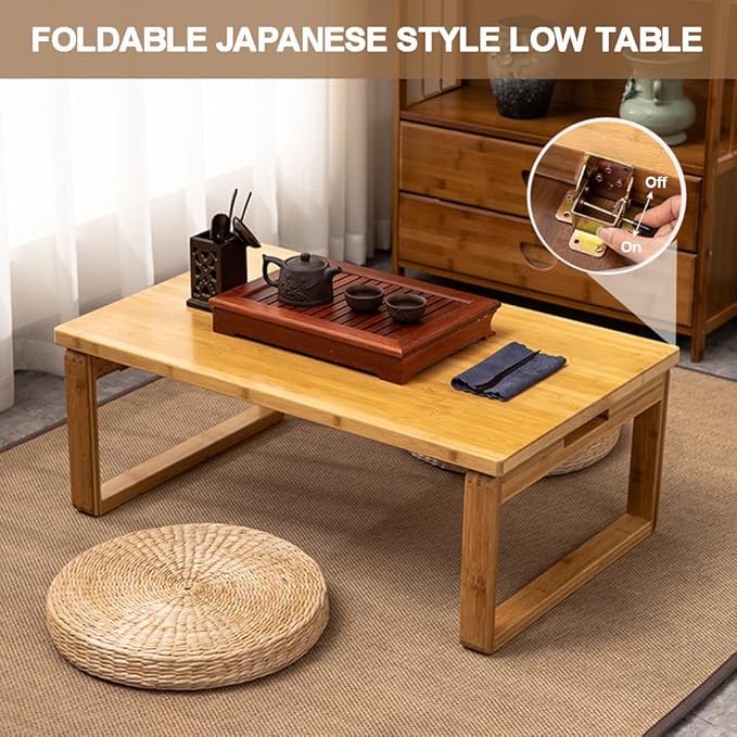Natural Bamboo Folding Table – Minimalist Multi-Use Coffee Table for Living Room, Floor Seating, or Window Bay