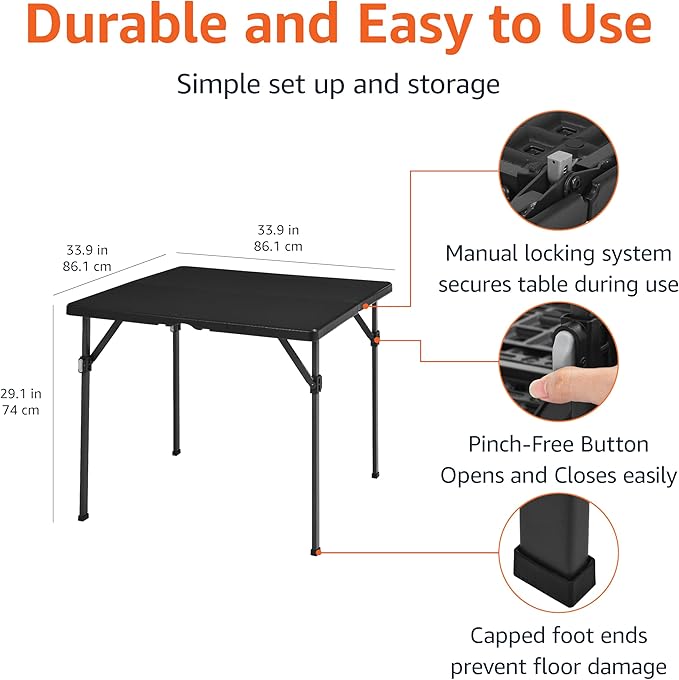 Durable Folding Table – 33.9" Square Portable Table with Locking System, Anti-Slip Legs & Pinch-Free Folding Design