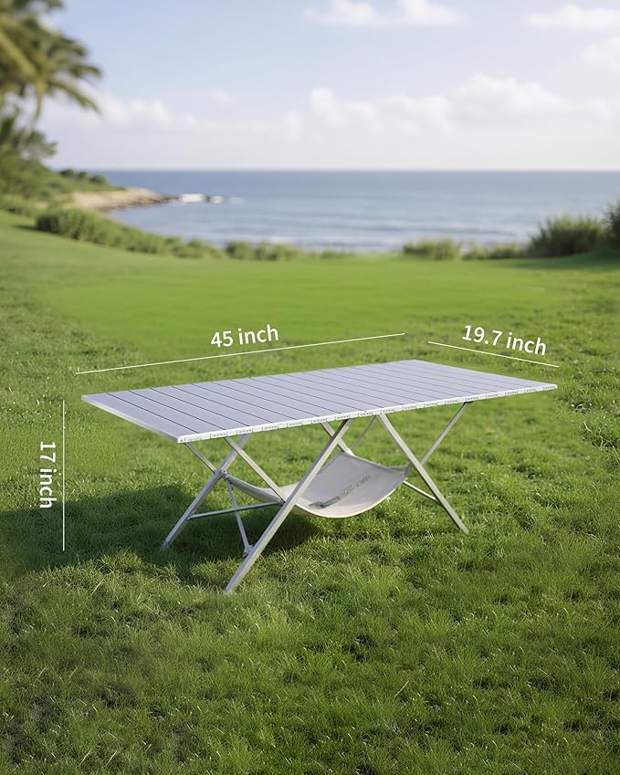 Portable Folding Aluminum Camping Table – Large Lightweight Picnic Table with Mesh Storage Rack (45" x 19.7" x 17")
