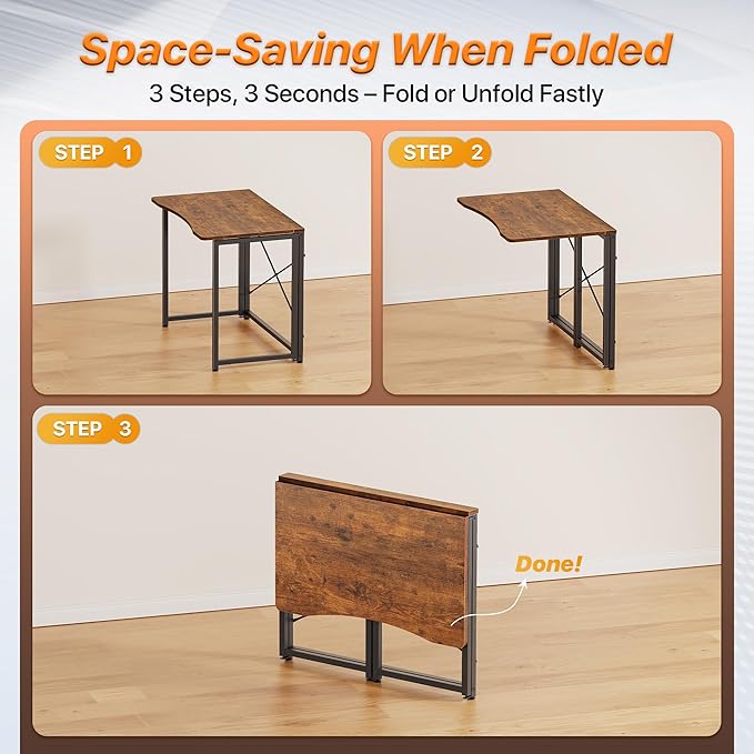 Vintage Wood Foldable Desk|Compact and Portable Writing Table|No-Assembly Folding Study Table|Space-Saving Workstation