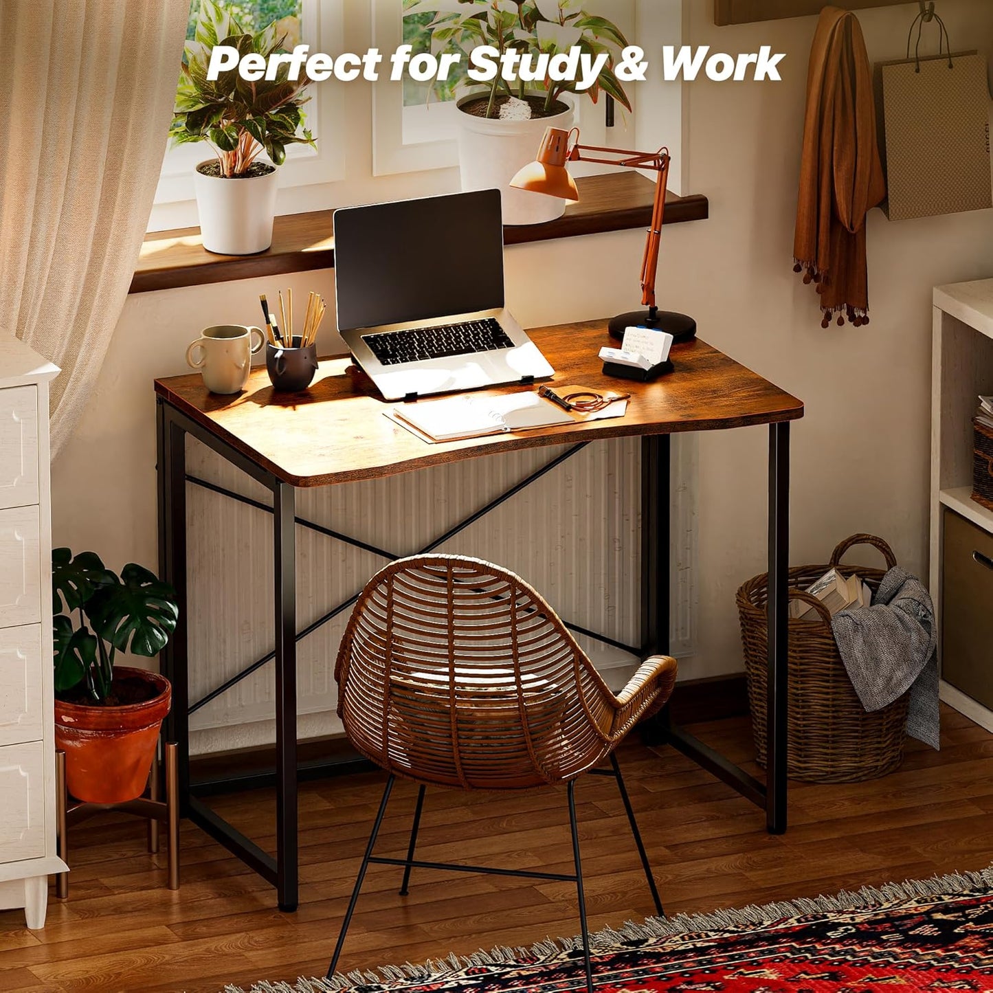 Vintage Wood Foldable Desk|Compact and Portable Writing Table|No-Assembly Folding Study Table|Space-Saving Workstation
