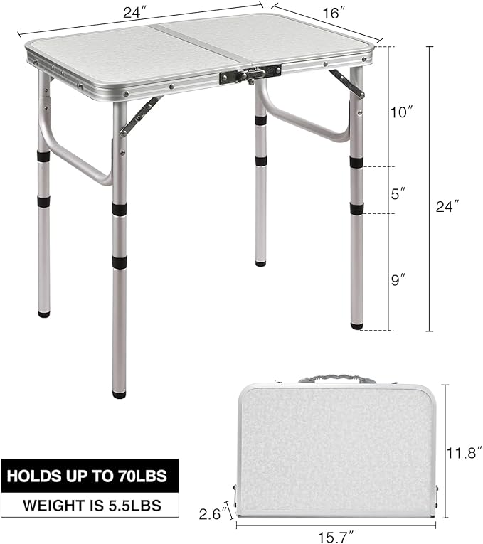 Portable Folding Table｜Lightweight Aluminum Camping Table｜3 Adjustable Heights｜Compact Travel Picnic Desk