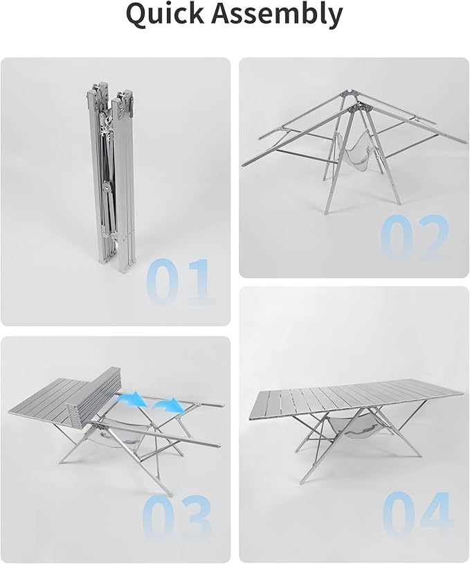 Portable Folding Aluminum Camping Table – Large Lightweight Picnic Table with Mesh Storage Rack (45" x 19.7" x 17")