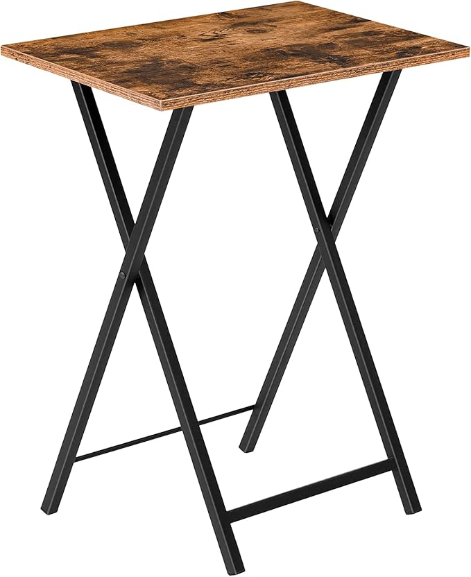 Rustic Folding Side Table with Wood Grain Surface｜Compact & Portable Design｜Heavy-Duty Black Metal Frame｜Ideal for Living Room, Bedroom, Balcony, or Outdoor Use