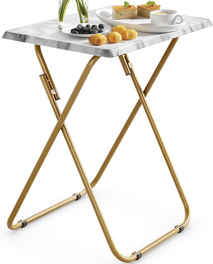 Marble-Pattern Folding Table｜Portable Lightweight Side Table with Gold Metal Frame｜Compact Multipurpose Foldable Desk