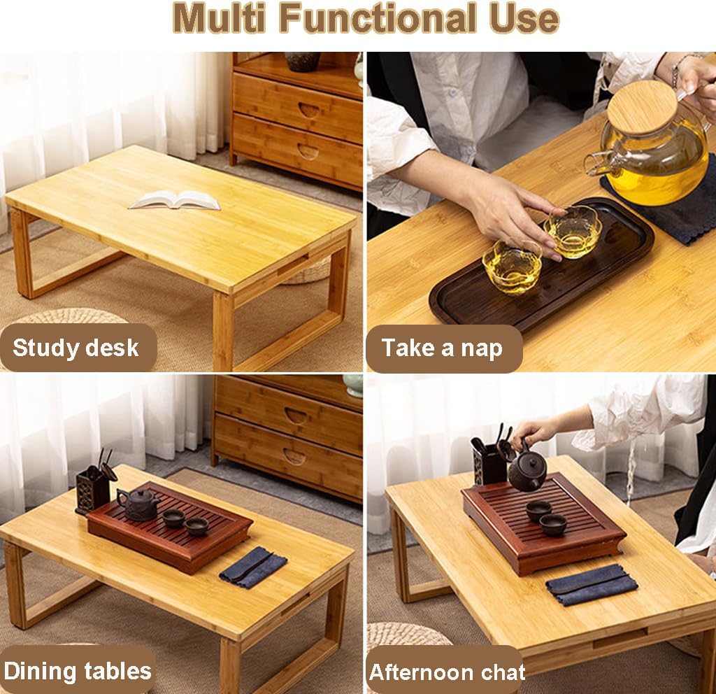 Natural Bamboo Folding Table – Minimalist Multi-Use Coffee Table for Living Room, Floor Seating, or Window Bay