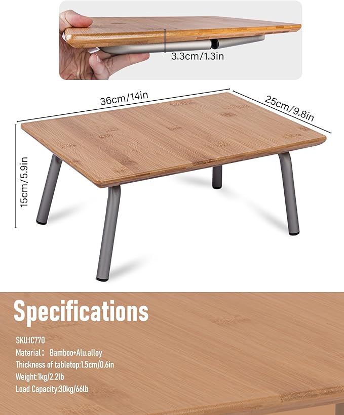 Portable Bamboo Folding Desk｜Lightweight Laptop Table with Aluminum Legs｜Mini Bed Table｜Compact Multipurpose Stand