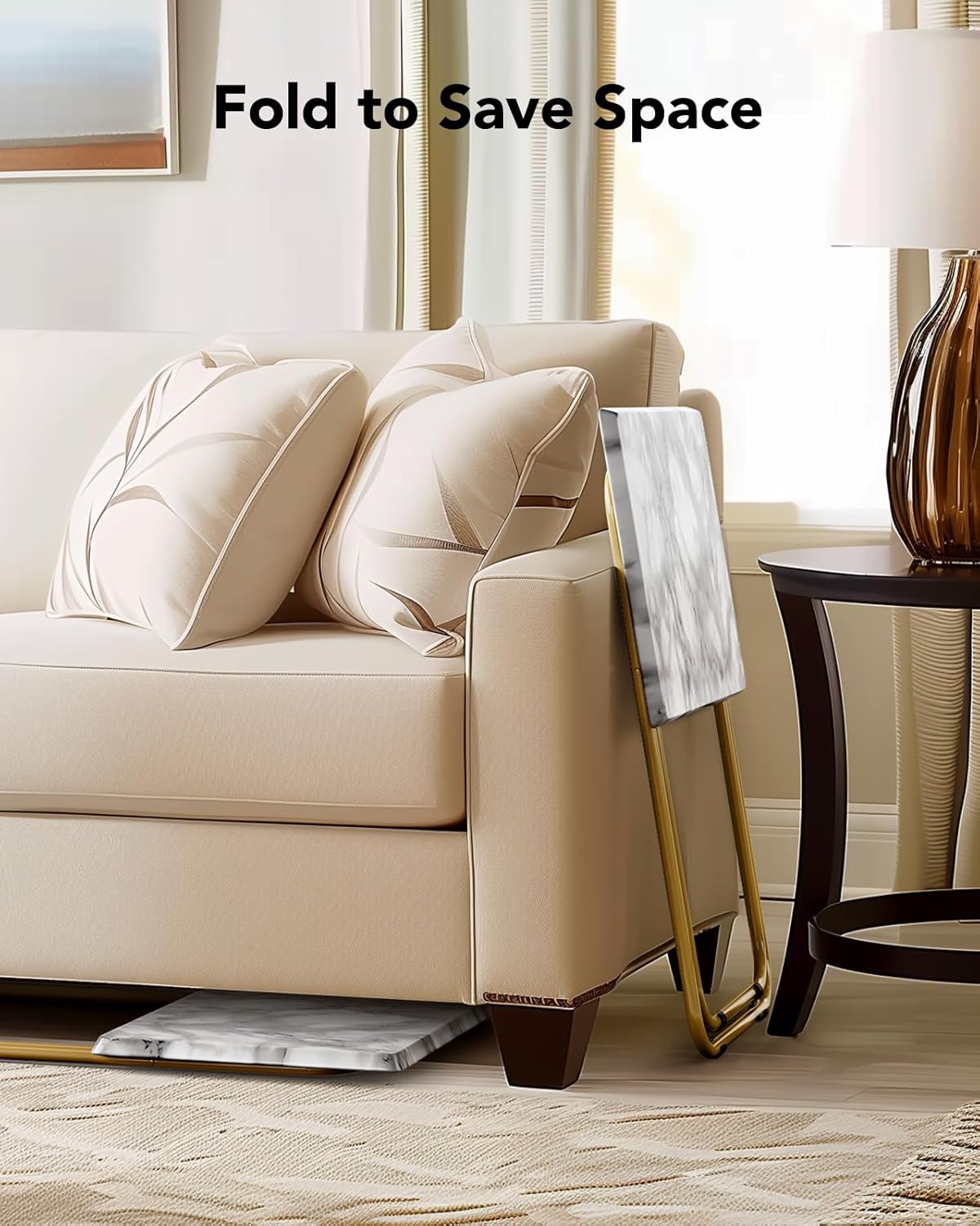 Marble-Pattern Folding Table｜Portable Lightweight Side Table with Gold Metal Frame｜Compact Multipurpose Foldable Desk