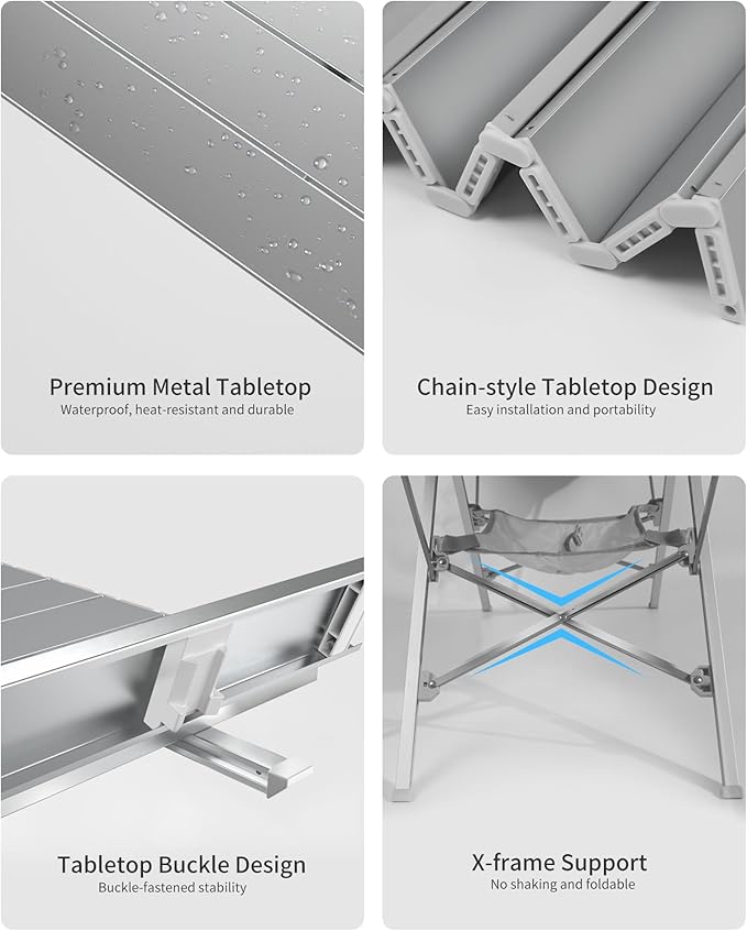 Portable Folding Aluminum Camping Table – Large Lightweight Picnic Table with Mesh Storage Rack (45" x 19.7" x 17")