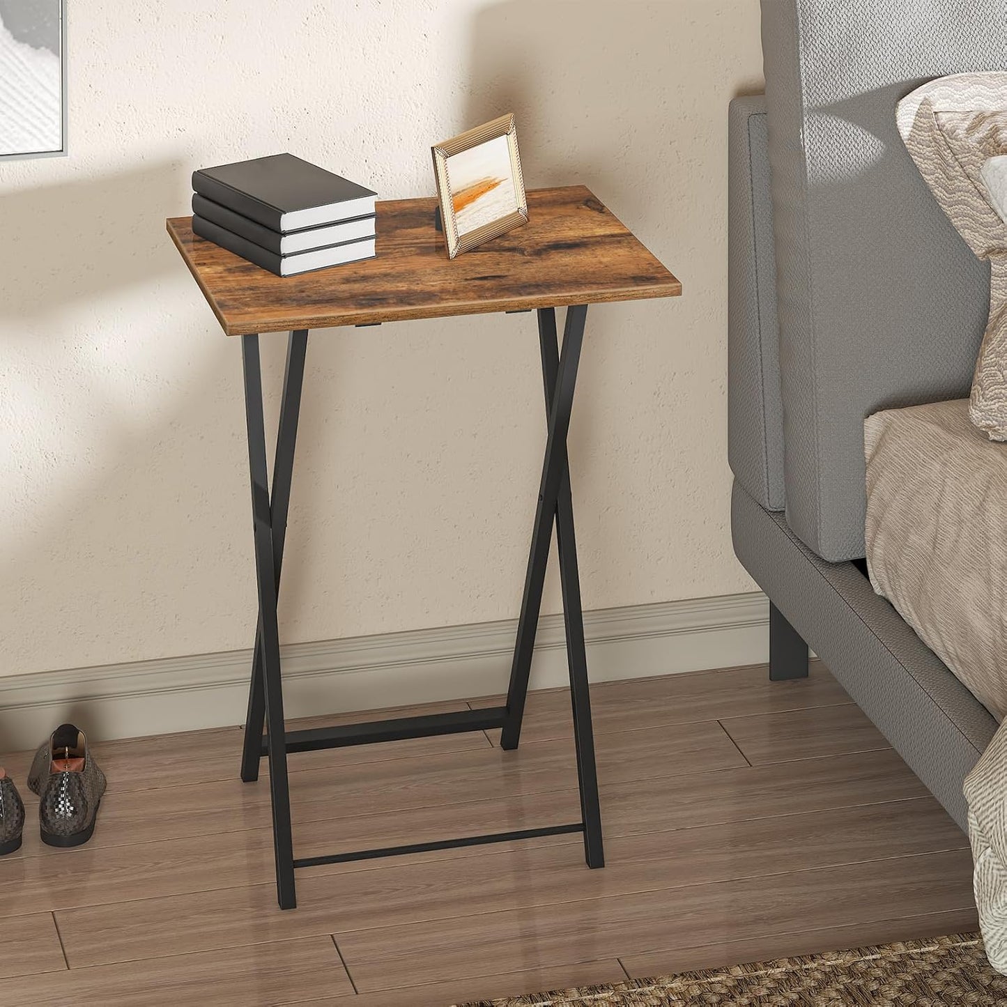 Rustic Folding Side Table with Wood Grain Surface｜Compact & Portable Design｜Heavy-Duty Black Metal Frame｜Ideal for Living Room, Bedroom, Balcony, or Outdoor Use